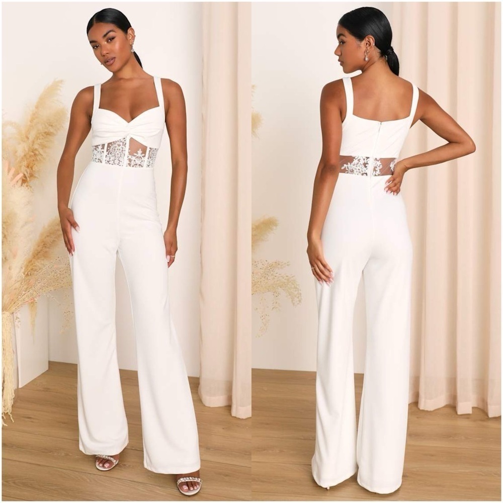 Lulu's White Lace-Panel Wide-Leg Jumpsuit